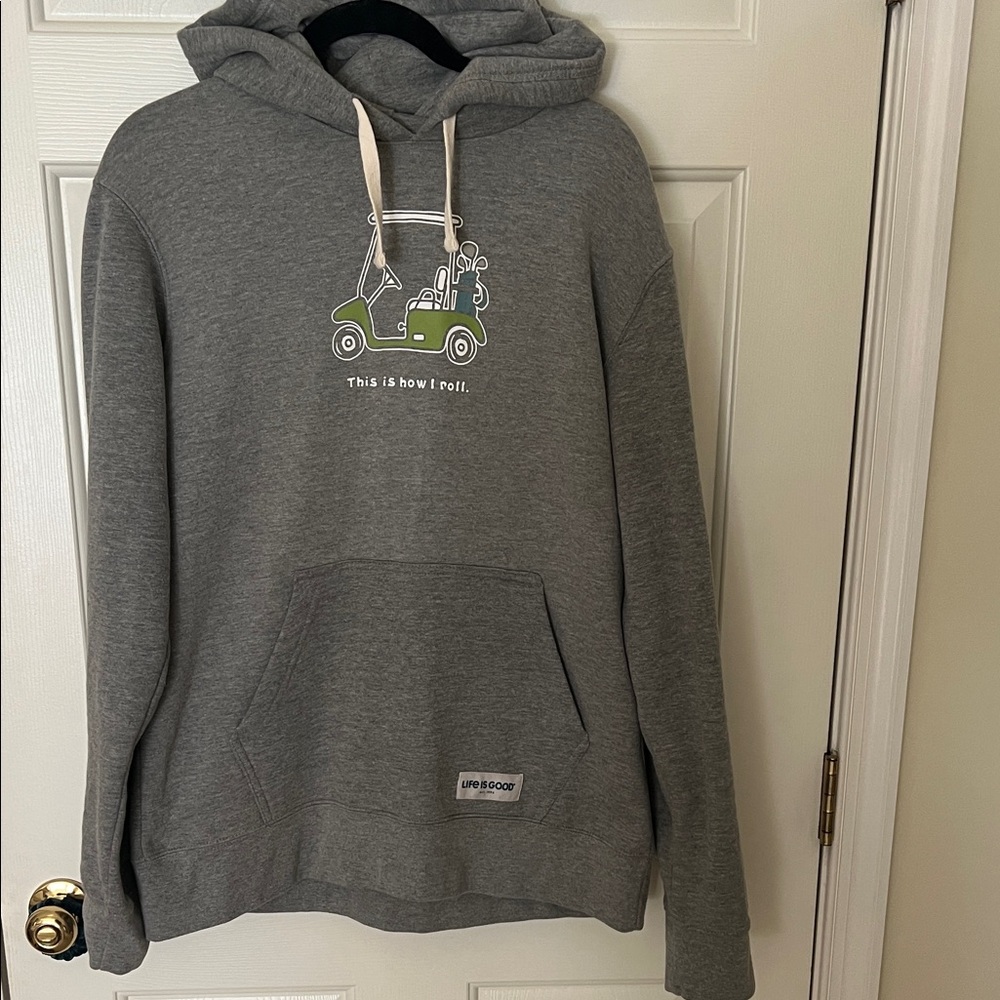 Life Is Good Gray Hoodie with Green Golf Cart Design